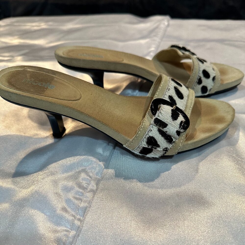 Nicole Animal Print Kitten Heel Sandals w/Buckle, Size 7